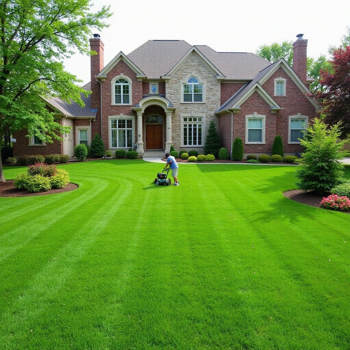 Trusted Lawn Care Service in Kittery, ME by All Natural Landscaping featuring professional lawn mowing on a lush, striped front lawn at a beautifully landscaped residential property.