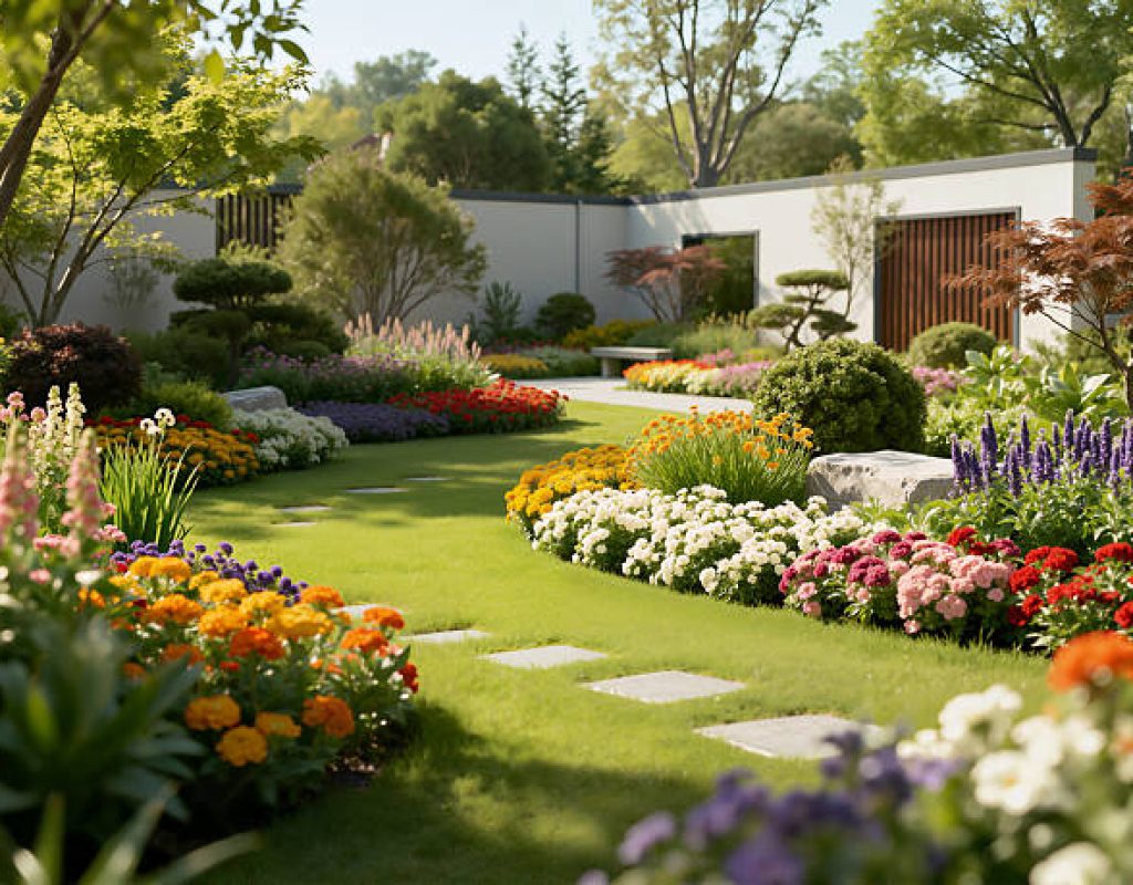 Custom landscaping services enhancing curb appeal with garden and lawn improvements